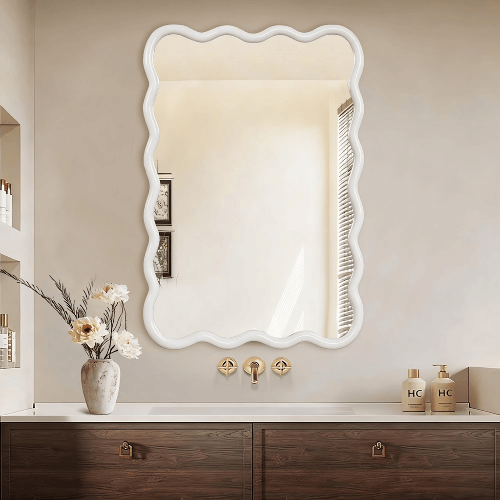 24"x36" Wavy Rectangle Mirror, Solid Wood Frame Decorative MirrorforBedroom Bathroom Living Room Entryway White