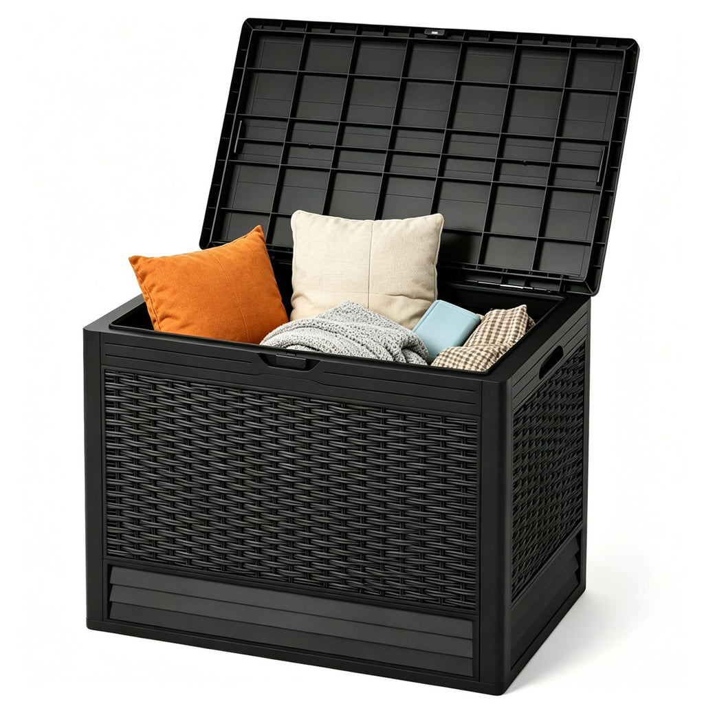25 Gallon Outdoor Deck Box, Weatherproof PP Storage Chest with Rattan Texture, Lockable Patio Organizer Box as Side Table Extra Seat - Black