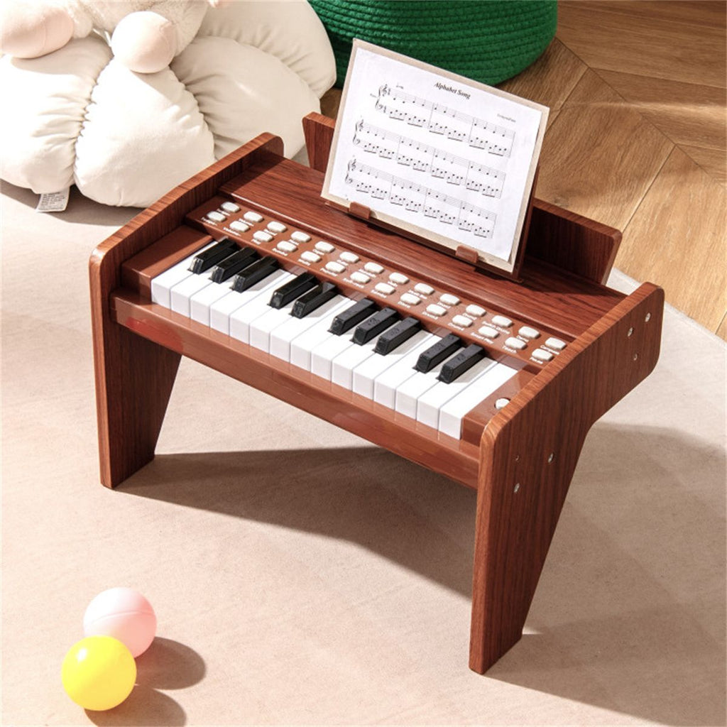25 Keys Mini Digital Piano for Kids Age 3+, Lighted Teaching Mode with 6 Tones & 15 Demo Songs-Brown