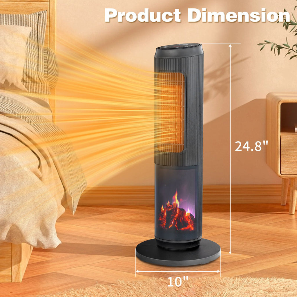 25" Tower Space Heater with 3D Flame, 1500W Portable Electric Heater with Thermostat, 60° Oscillation, Timer, Remote Control, for Indoor Bedroom Office Home, Black