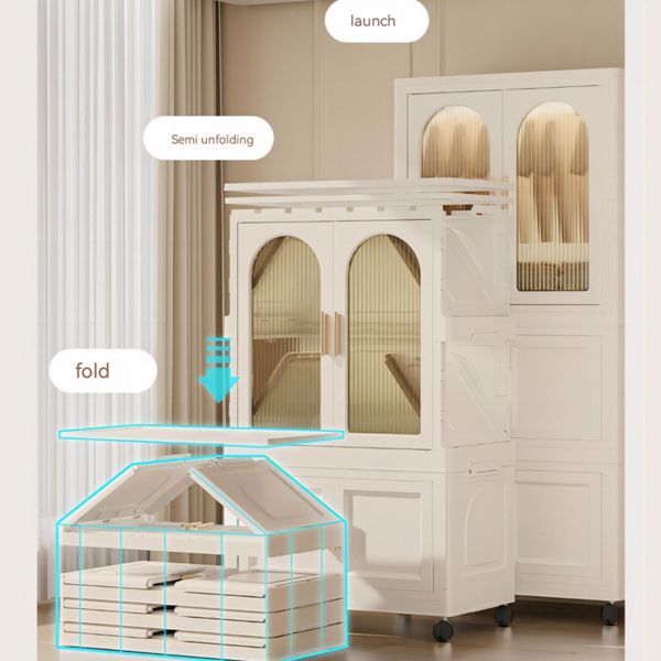 25.59" Side Wide Folding Wardrobe , 25.59"×15.75"×57.09", with Magnetic Door, Plastic Storage Cabinet with Wheels( one layer of wardrobe + two layers of folding boxes+10 hangers )