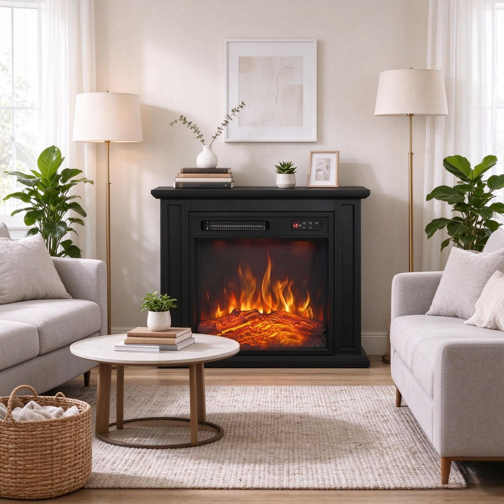 26" 1400W Electric Fireplace TV Stand with Mantel, Freestanding Console with Adjustable Flame, Timer & Remote, Black