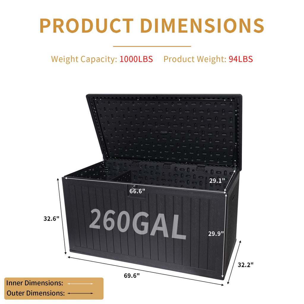 260 Gallon Resin Outdoor Deck Box Waterproof, Extra Large Patio Storage Box with Lockable Storage Containers for Patio Furniture Cushions, Pool Accessories, Garden Tools