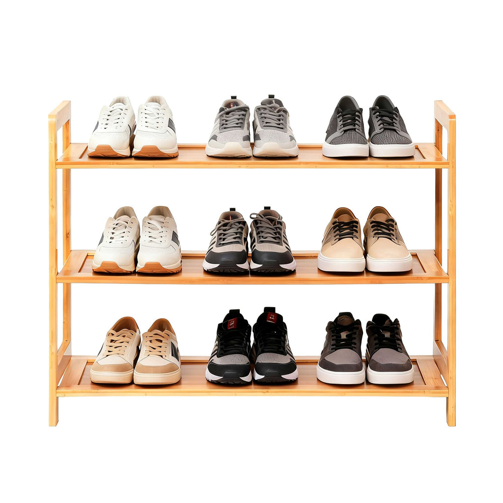 26.38*9.68*20.28in 3-Tier Flat Bamboo Shoe Rack, Natural Wood Color