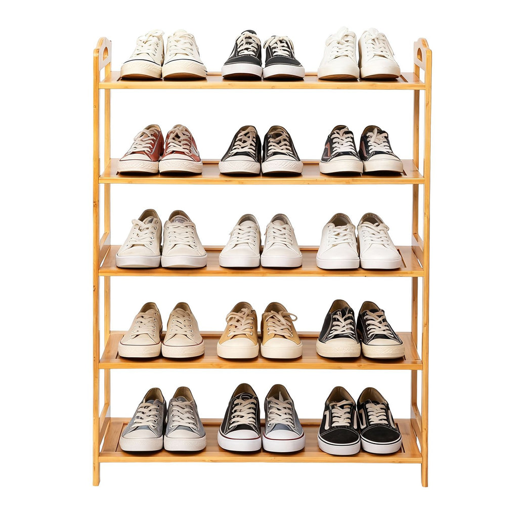 26.38*9.68*37.4in 5-Tier Portable Bamboo Shoe Rack, Natural Wood Color
