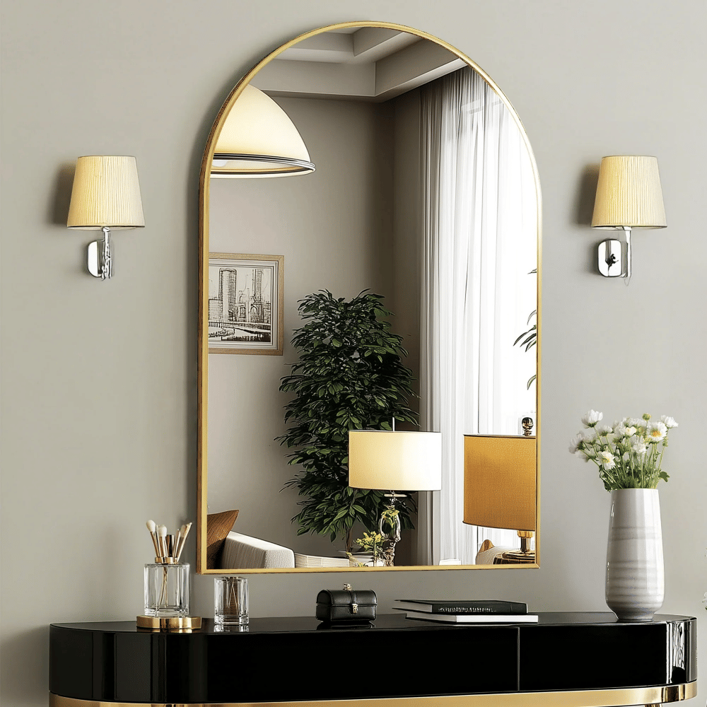 26"X38" Arched Bathroom Mirror, Wall Mounted Mirror with Aluminum Alloy Frame, Bathroom Mirror for Living Room, Bedroom, Bathroom and Entryway, Gold
