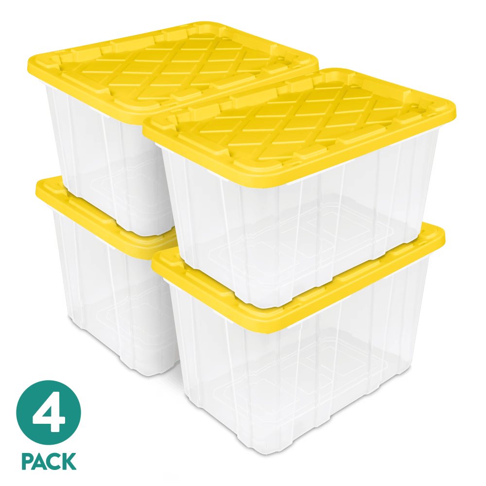 27 Gal Large Clear Plastic IndustrialStorageBin with Snap-Fit Lid, Yellow, 4 Pack
