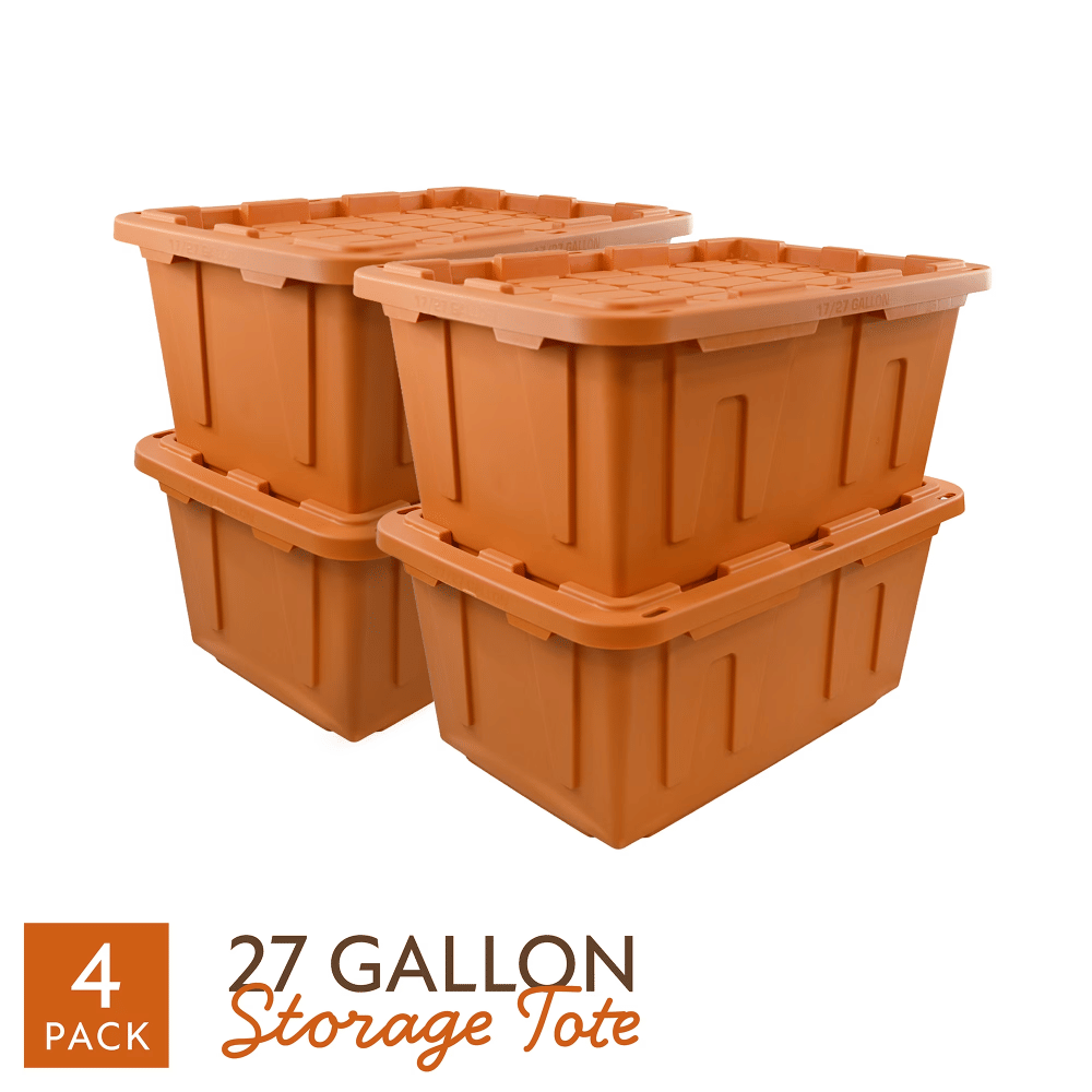 27 Gallon LargeStorageBin with Snap Lid, Autumn Maple Orange, 4 Pack, Heavy Duty PlasticStorageContainer
