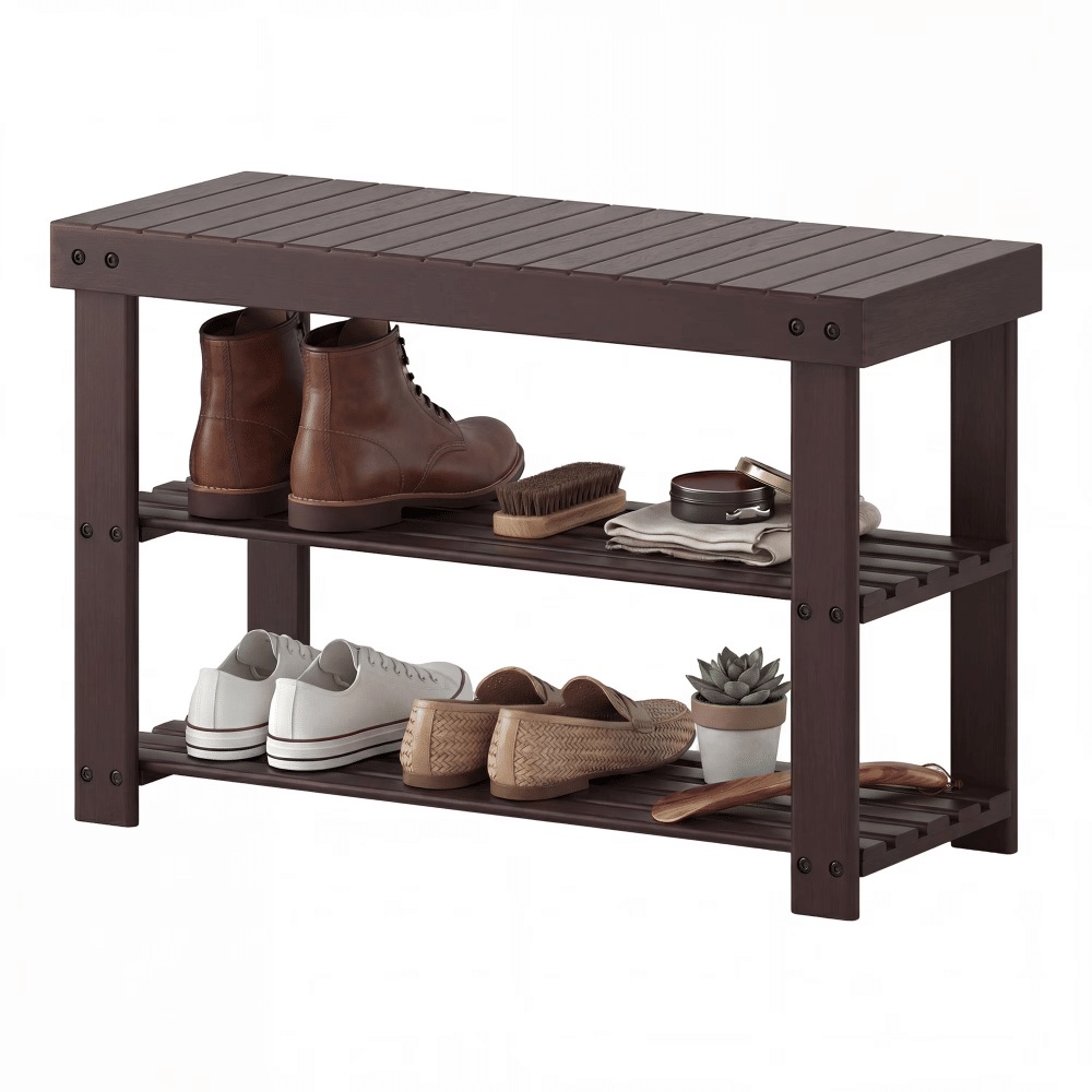 27-In Bamboo Shoe Rack & Bench, 3-Tier 280 lb CapacityStorageOrganizer for Entryway, Living Room, Balcony, Brown