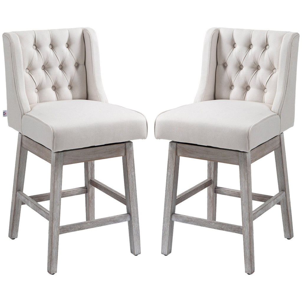 27" Swivel Bar Stools Set of 2, Counter Height with Linen Upholstery and Button Tufted Design, Beige