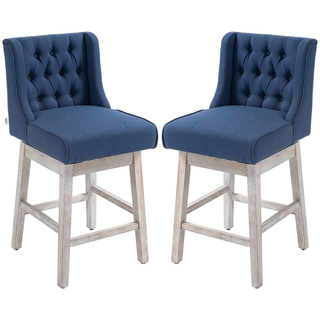 27" Swivel Bar Stools Set of 2, Counter Height with Linen Upholstery and Button Tufted Design, Blue