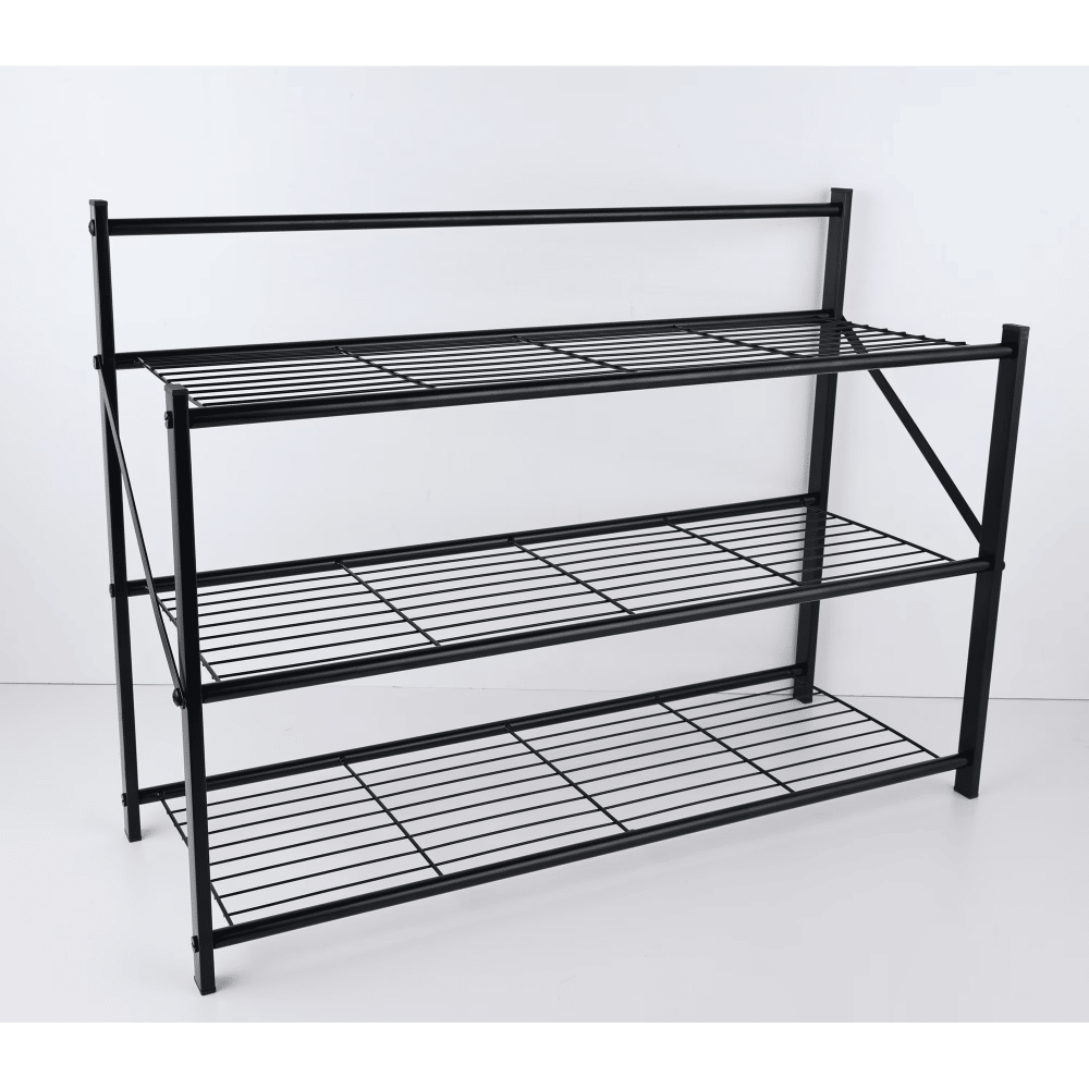 27" Wide Foldable Metal Shelf / Shoe Rack, Powder Coated Black Paint & 3 Tiers