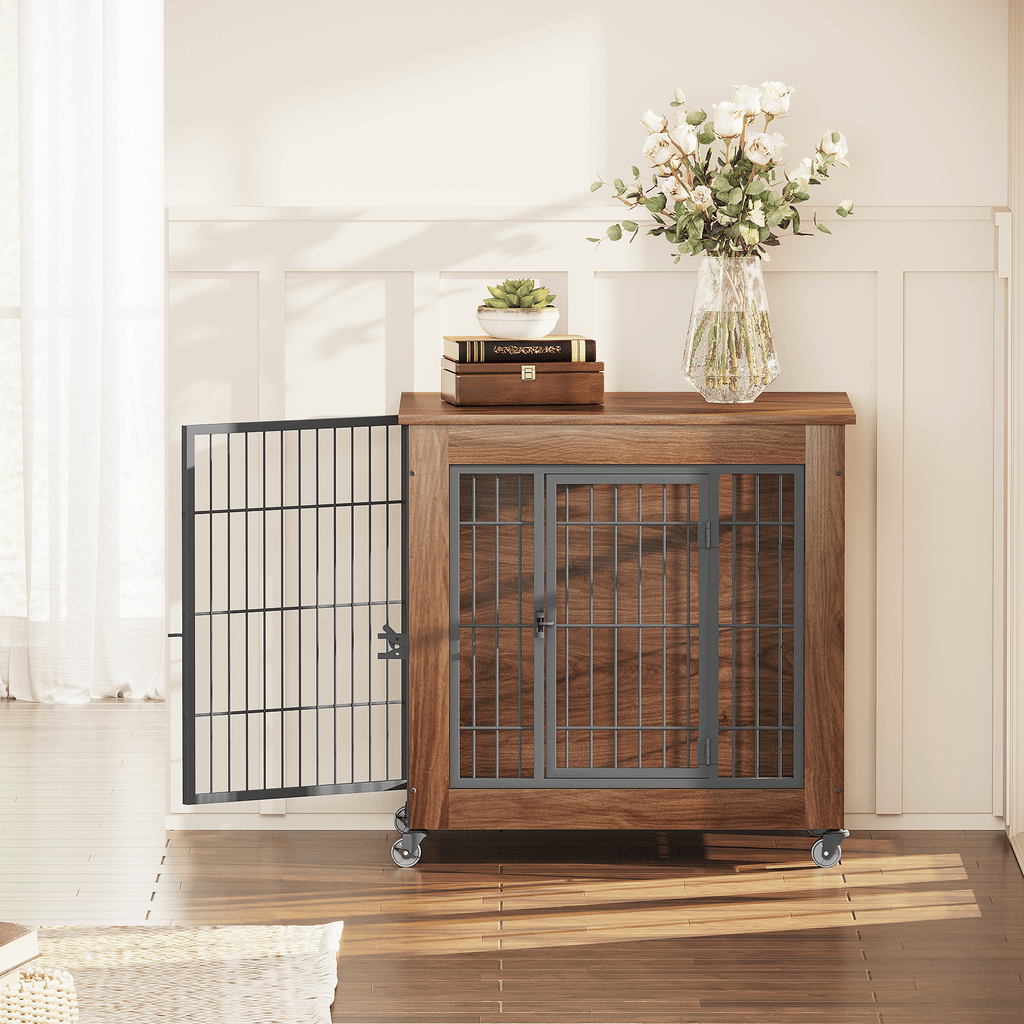 27.2" Dog Crate Furniture with Wheels for Small Dogs, Heavy Duty Dog Kennel Indoor with 2 Doors, Wooden Pet Cage End Table, Double-Doors Sturdy Metal Dog Cage for Anxiety Dog
