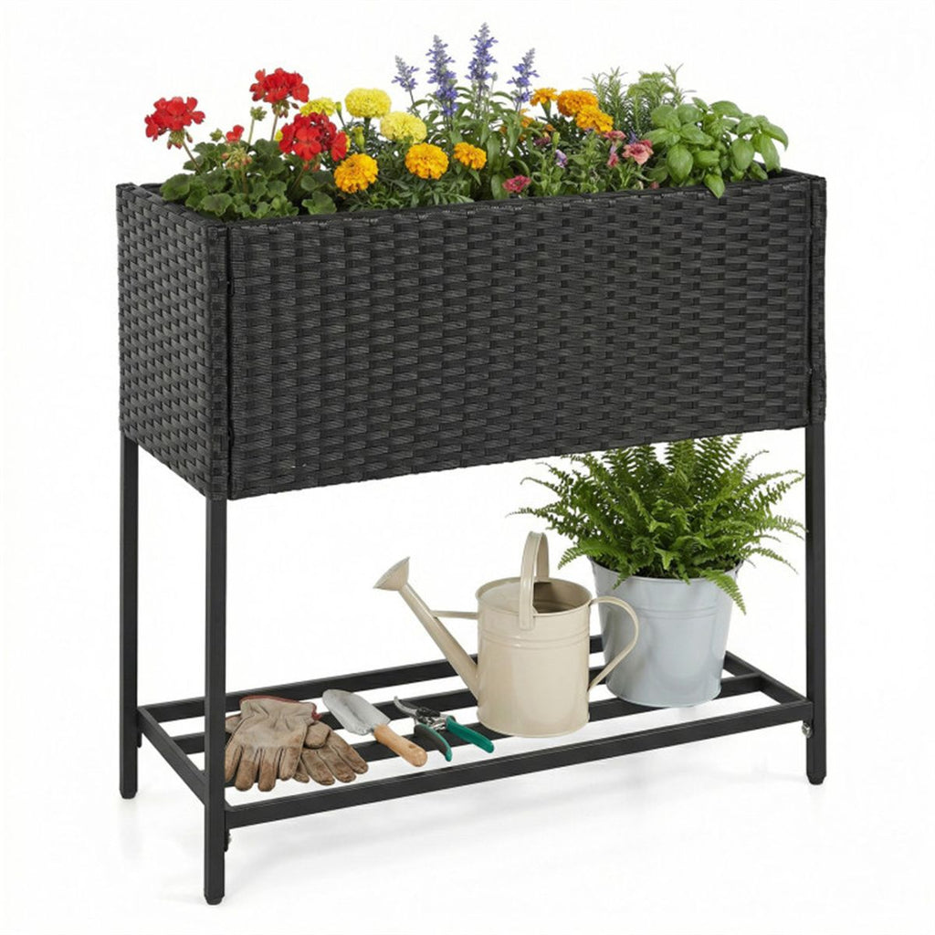 28" Elevated Raised Planter Box with Storage Shelf, Ergonomic Garden Bed for Patio Balcony Herb Vegetable - Black