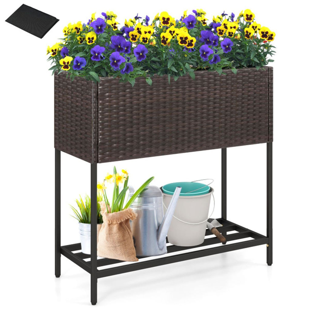 28" Elevated Raised Planter Box with Storage Shelf, Ergonomic Garden Bed for Patio Balcony Herb Vegetable - Brown