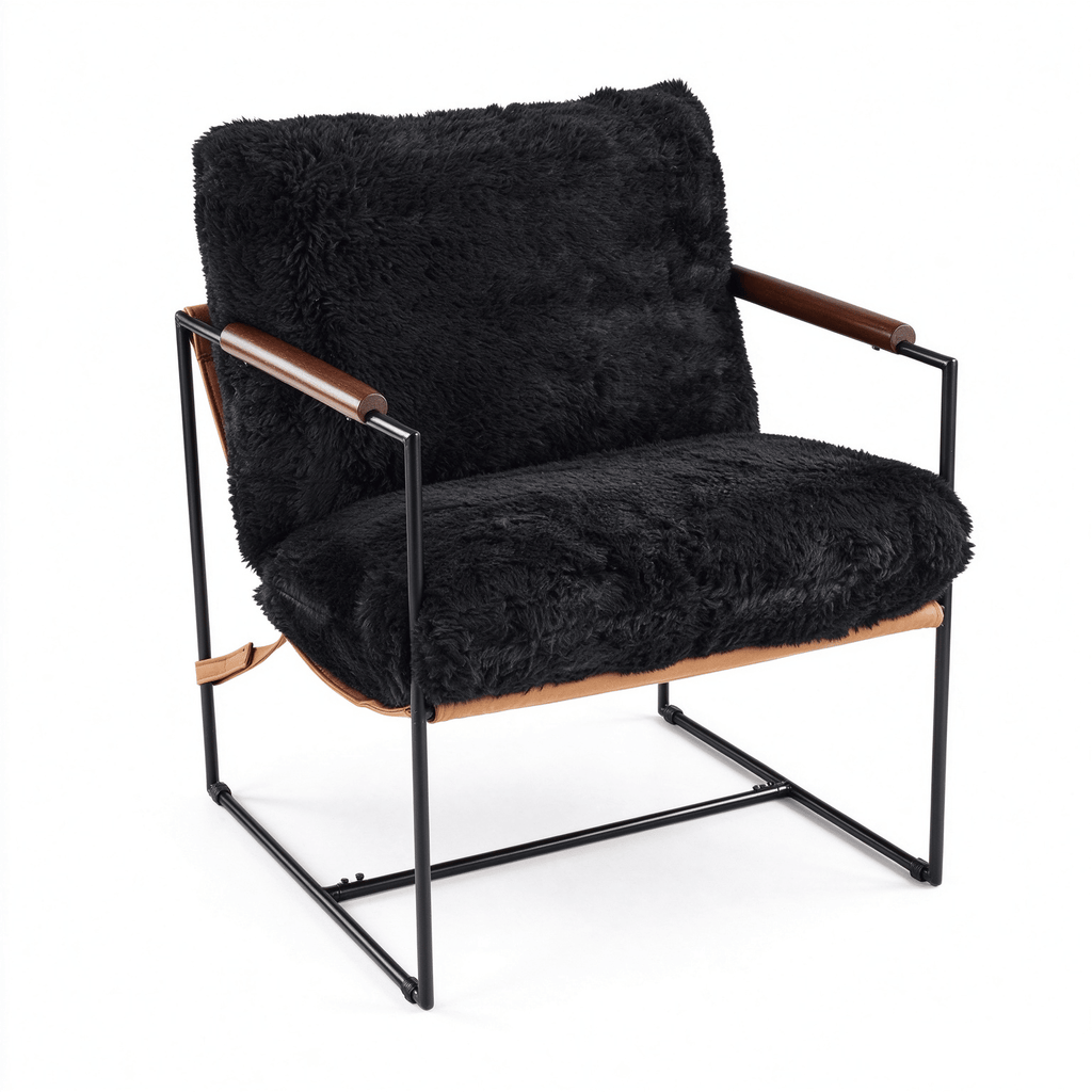 28 Inch Extra Wide Sling Accent Chair, Fully Disassembled, Rubber Wood Armrest, Metal Iron Frame, Fluffy Rabbit Plush Upholstery, Indoor Leisure Chair, Black
