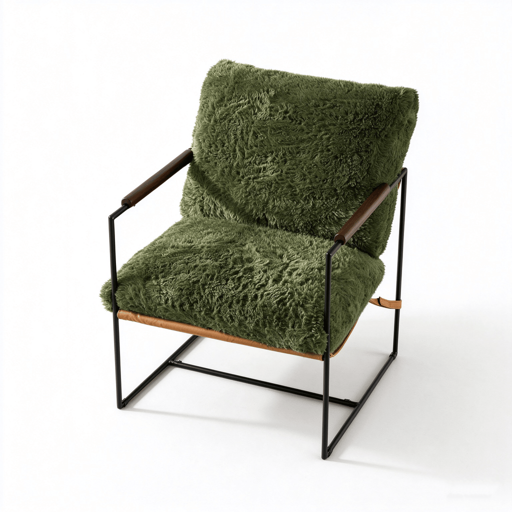28 Inch Extra Wide Sling Accent Chair, Fully Disassembled, Rubber Wood Armrest, Metal Iron Frame, Fluffy Rabbit Plush Upholstery, Indoor Leisure Chair, Olive