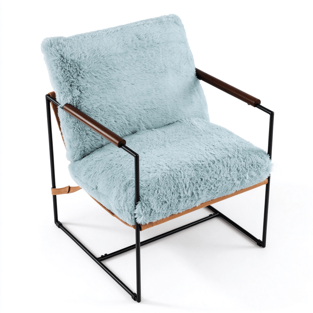 28 Inch Extra Wide Sling Accent Chair, Fully Disassembled, Rubber Wood Armrest, Metal Iron Frame, Fluffy Rabbit Plush Upholstery, Indoor Leisure Chair, Surf