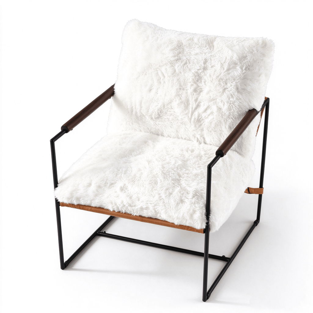 28 Inch Extra Wide Sling Accent Chair, Fully Disassembled, Rubber Wood Armrest, Metal Iron Frame, Fluffy Rabbit Plush Upholstery, Indoor Leisure Chair, White