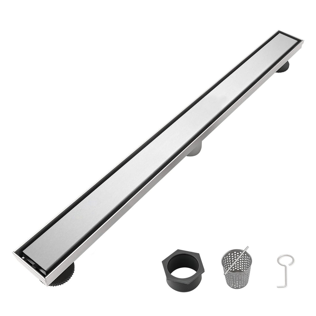 28 Inch Linear Shower Drain with 2-in-1 Flat & Tile Insert Removable Cover, 304 Stainless Steel with Hair Strainer and Leveling Feet, Brushed Nickel