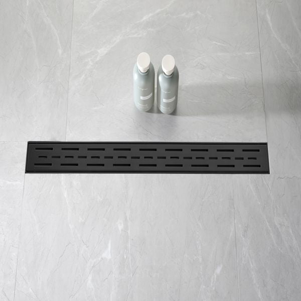 28 Inch Linear Shower Drain with Removable Brick Patterned Grate Cover, 304 Stainless Steel Shower Floor Drain with Hair Strainer and Leveling Feet