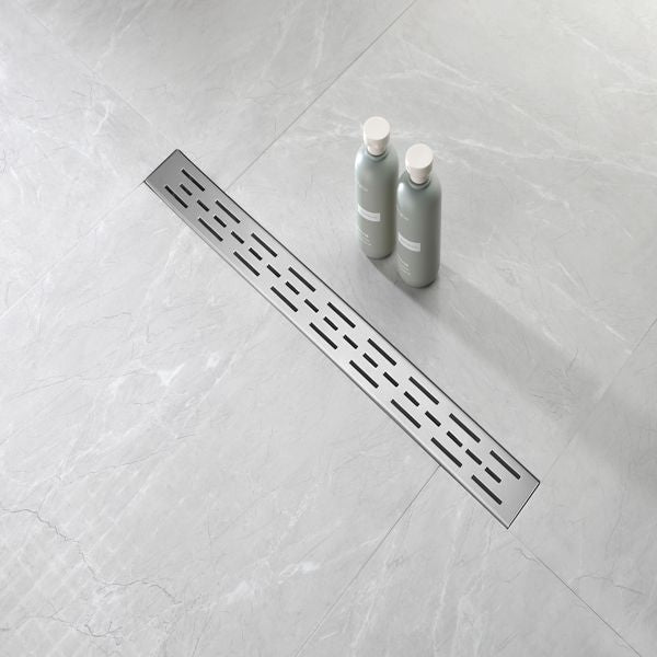 28 Inch Linear Shower Drain with Removable Brick Patterned Grate Cover, 304 Stainless Steel Shower Floor Drain with Hair Strainer and Leveling Feet