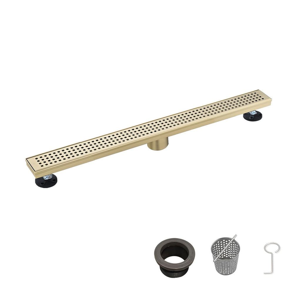 28 Inch Linear Shower Drain with Removable Square Patterned Grate, 304 Stainless Steel with Hair Strainer and Leveling Feet, Brushed Gold