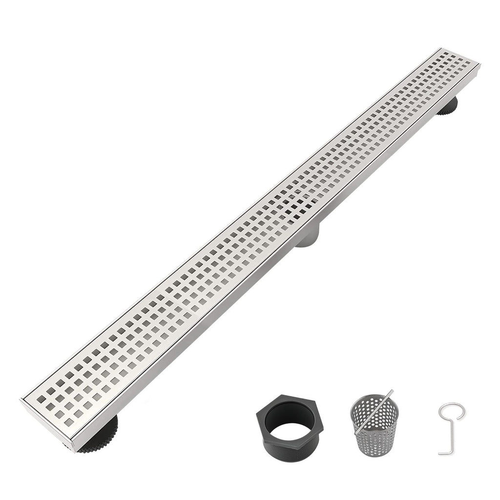 28 Inch Linear Shower Drain with Removable Square Patterned Grate, 304 Stainless Steel with Hair Strainer and Leveling Feet, Brushed Nickel