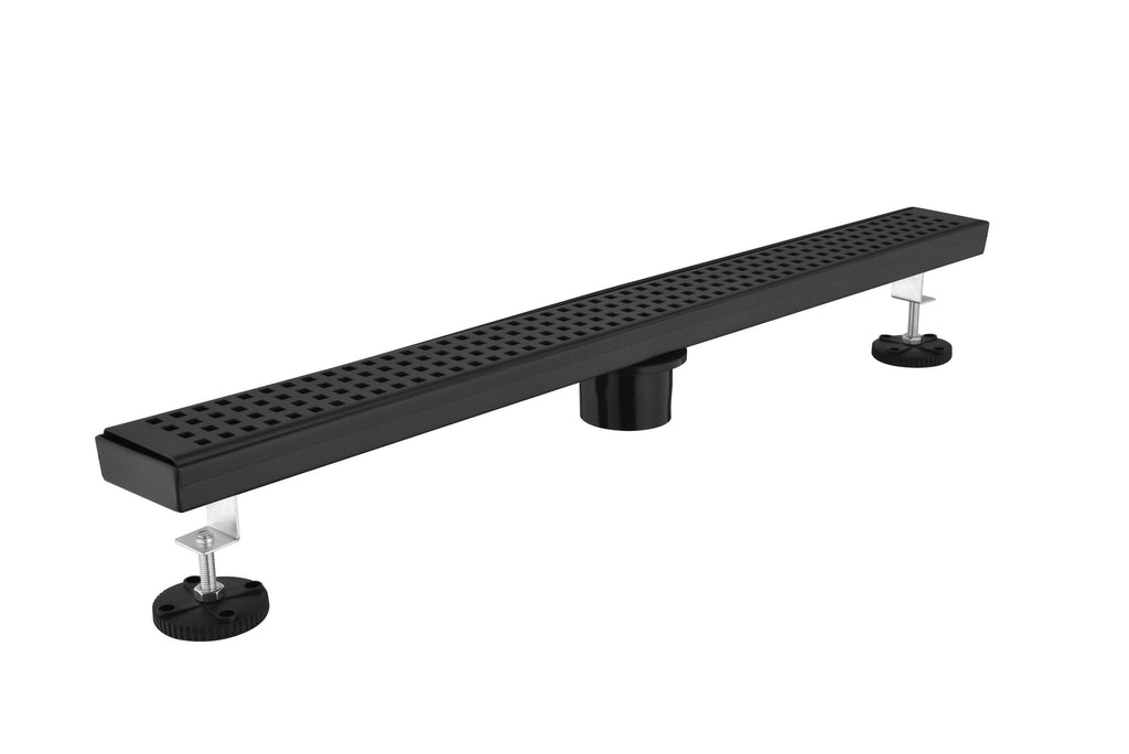 28 Inch Linear Shower Drain with Removable Square Patterned Grate, 304 Stainless Steel with Hair Strainer and Leveling Feet, Matte Black