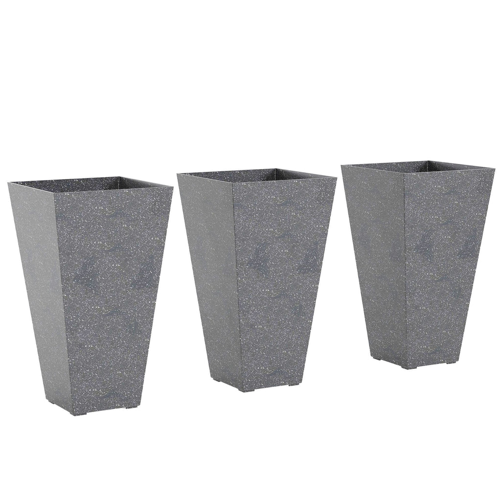 28" Tall Planters, Set of 3 Plastic Flower Pots with Marble Finish and Drainage Holes, Stackable Taper Planters, Gray