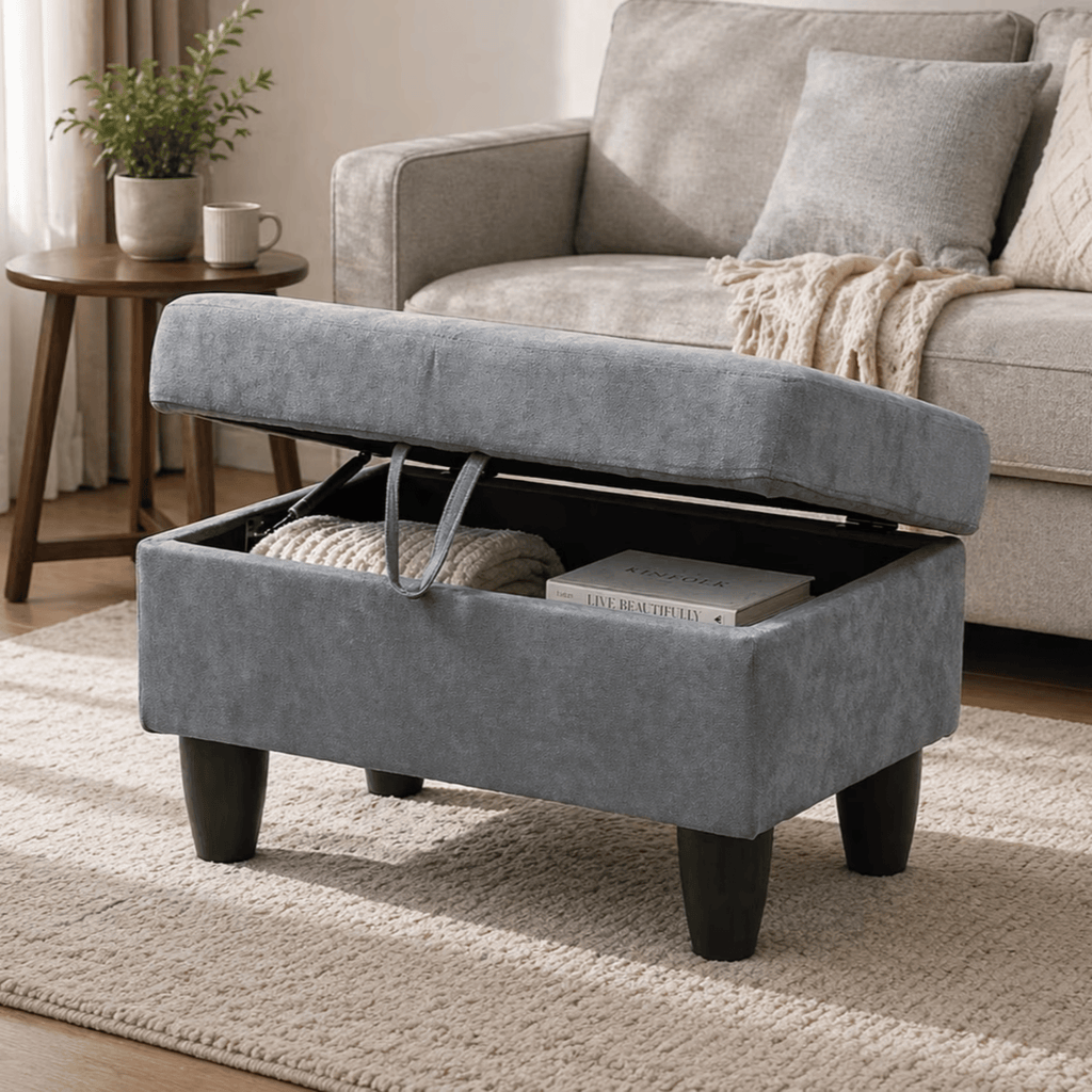 28.5"StorageOttoman Bench Flannelette UpholsteredforLiving Room Bedroom Entryway Light Gray