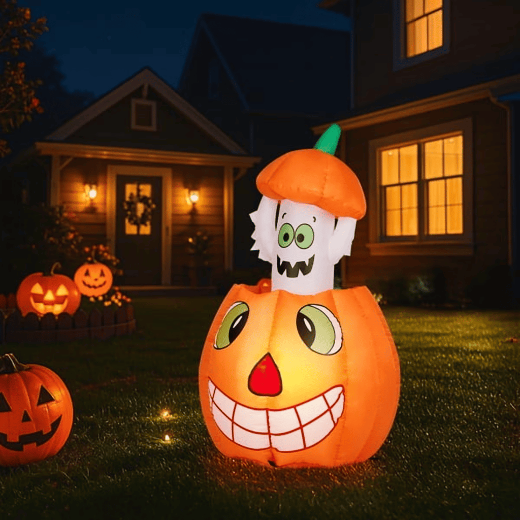2.8FT Halloween Inflatable Animated Pumpkin Ghost, 2 White LED Lights, Weather-Resistant Polyester,forSmall Spaces/AccentDecor