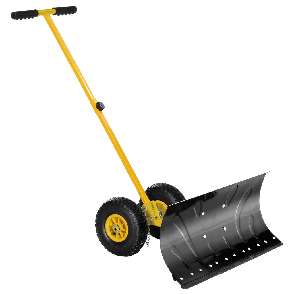 29" Blade Rolling Snow Pusher Shovel with Wheels and Adjustable Handle Yellow