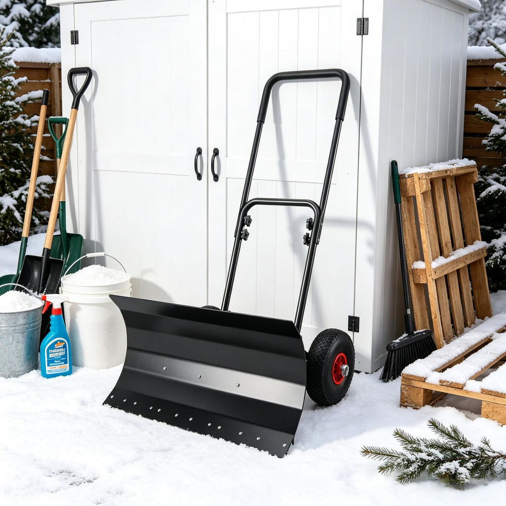 29 Inch Metal Snow Pusher with Wheels Adjustable Handle 5 Angle Blade Snow Shovel for Driveway Black