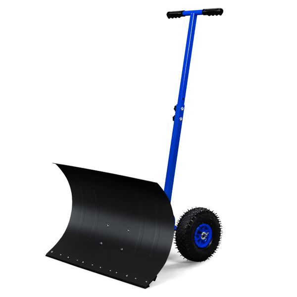 29 x 18in Adjustable T-Handle Snow Plow with Inflatable Wheels, Heavy Duty Human-Powered Manual Snow Shovel for Driveways & Sidewalks, Iron Blade Snow Removal Tool, Blue & Black
