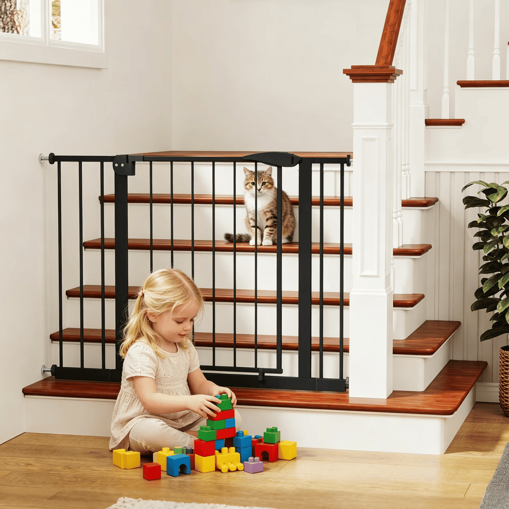 29.5-44.1" Wide Baby GateforStairs, Dog Gate IndoorforDoorways, No Drilling Pressure Mounted Pet GatesforKids, Easy Walk Through Safety Gate Black