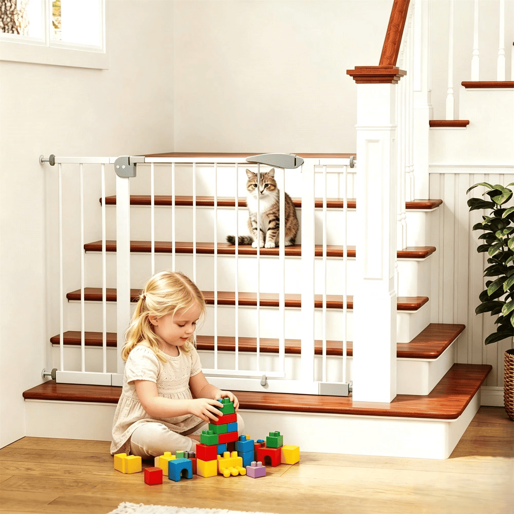 29.5-44.1" Wide Baby GateforStairs, Dog Gate IndoorforDoorways, No Drilling Pressure Mounted Pet GatesforKids White