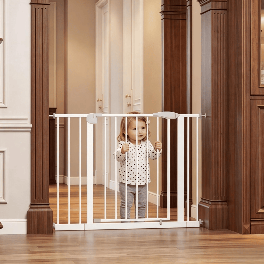29.5-44.1" Wide Pet GateforStairs, 31.1" Tall Pressure Mount Baby Safety Gate, Adjustable WalkThrough Steel Child Gate with DoubleLockforStairs Hallways Doorways White