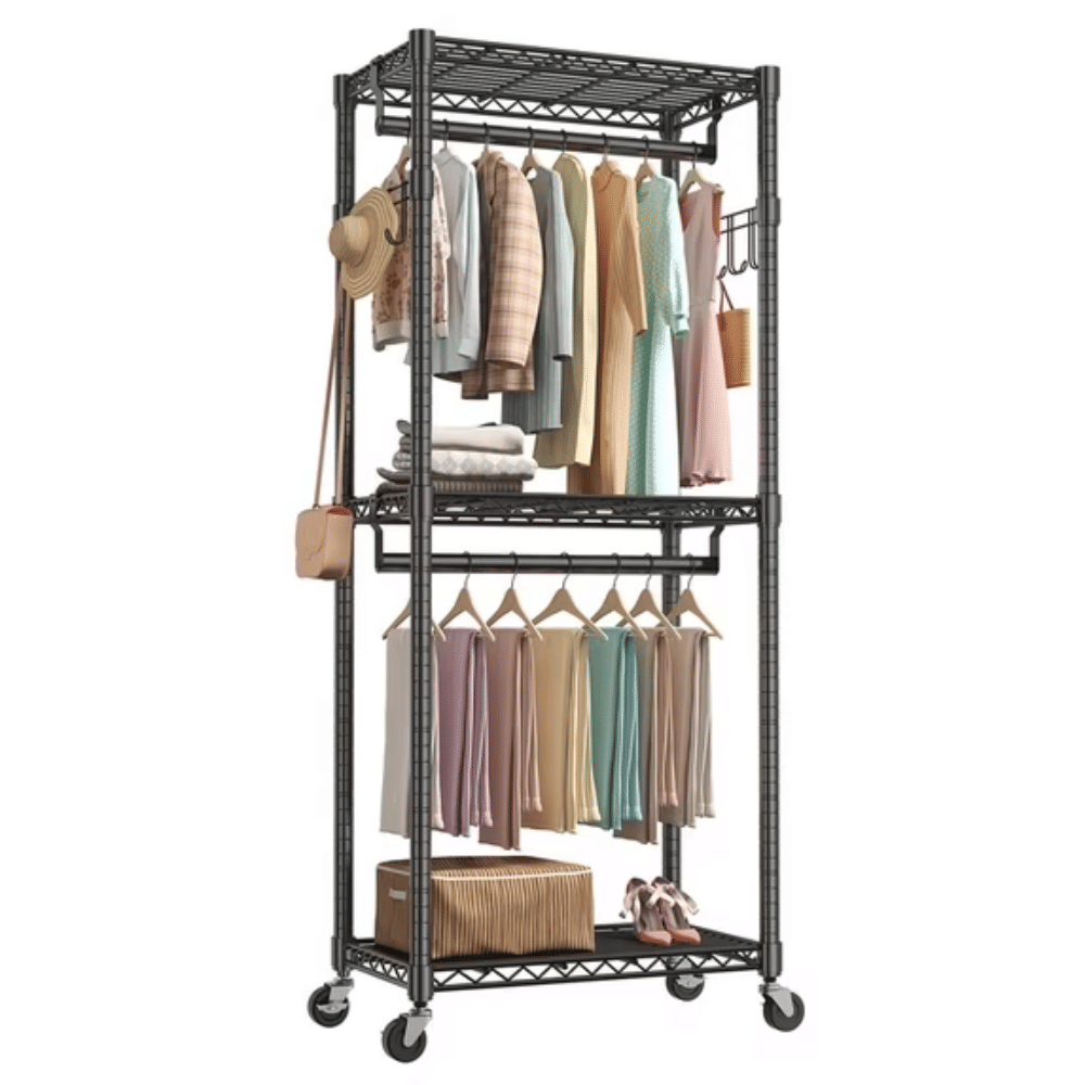 29.5 Inch Rolling Clothes Rack, Adjustable Metal Shelves, Heavy Duty Clothes Rack with Side Hooks for Household, Laundry Room, Black (Shipment from Walmart)