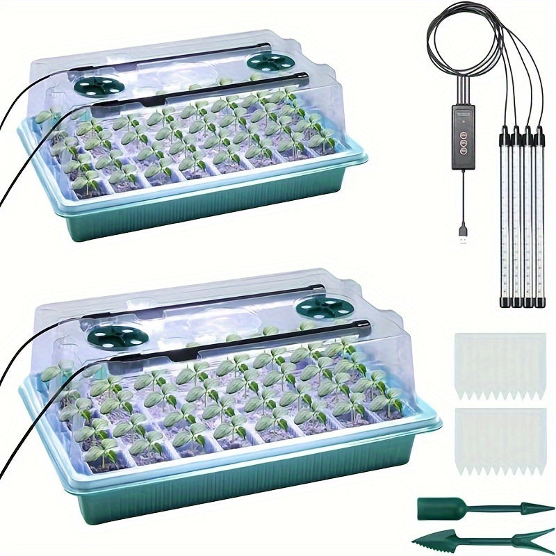 2-Pack Seed Starter Tray Kit with Grow Lights, Adjustable Brightness Timer, Thickened Seedling Tray with Moisture Dome, Reusable, USB Powered, Indoor Geometric Plastic Plant Starter for Kids, Friends, Family