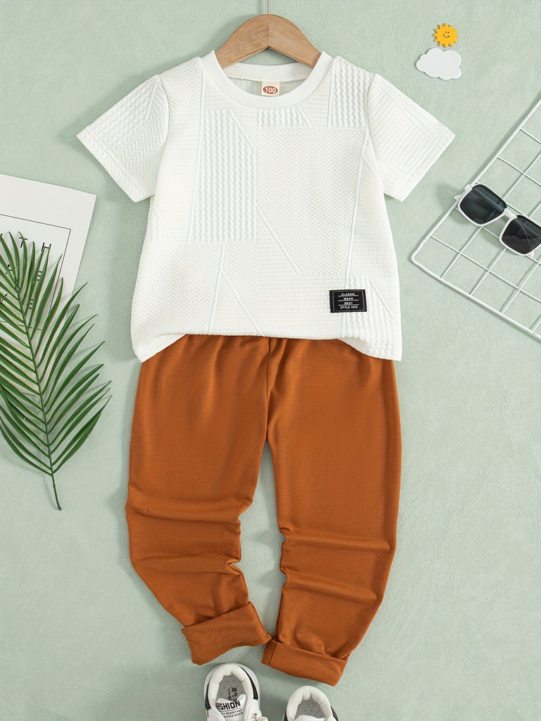 2pcs Boys Casual Solid Label Patched Short Sleeve T-shirt & Elastic Waist Pants Set, Comfy Boys Clothes