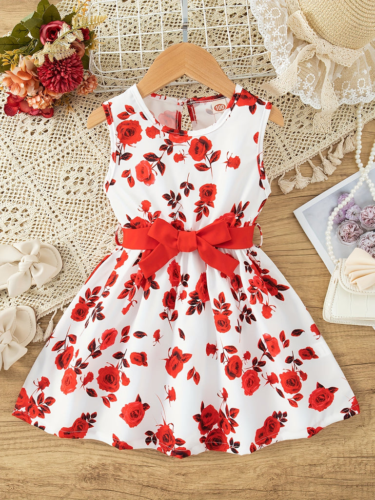 Casual Rose Flower Graphic Strapped Sleeveless Dress For Girls Summer Holiday Gift