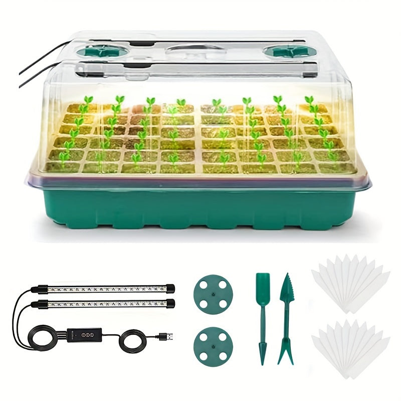 Seed starter trays with grow lights, two sets of 96 compartment smart timer seedling pots with moisturizing cover, plant seed germination kit, dimmable indoor gardening plant germination trays, seed starter kit for greenhouse