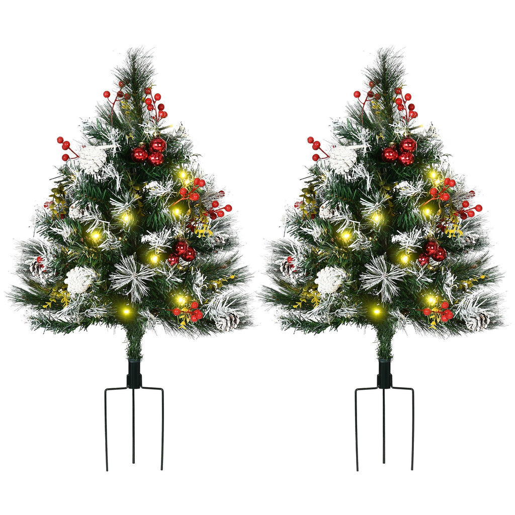 2ft 2-Pack Outdoor Entryway Pre-Lit Artificial Christmas Tree Cordless with 70 Branches, LED lights, Red Berries, Pine Cones & Balls, Green