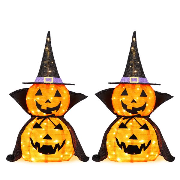2Packs 3FT Halloween Collapsible Lighted Pumpkin Decoration, 176 LED Pop-Up Pumpkin Lamp with Cape, Plug in Halloween Jack-O-Lantern with Metal Stand for Indoor Outdoor Garden Patio Party Decor