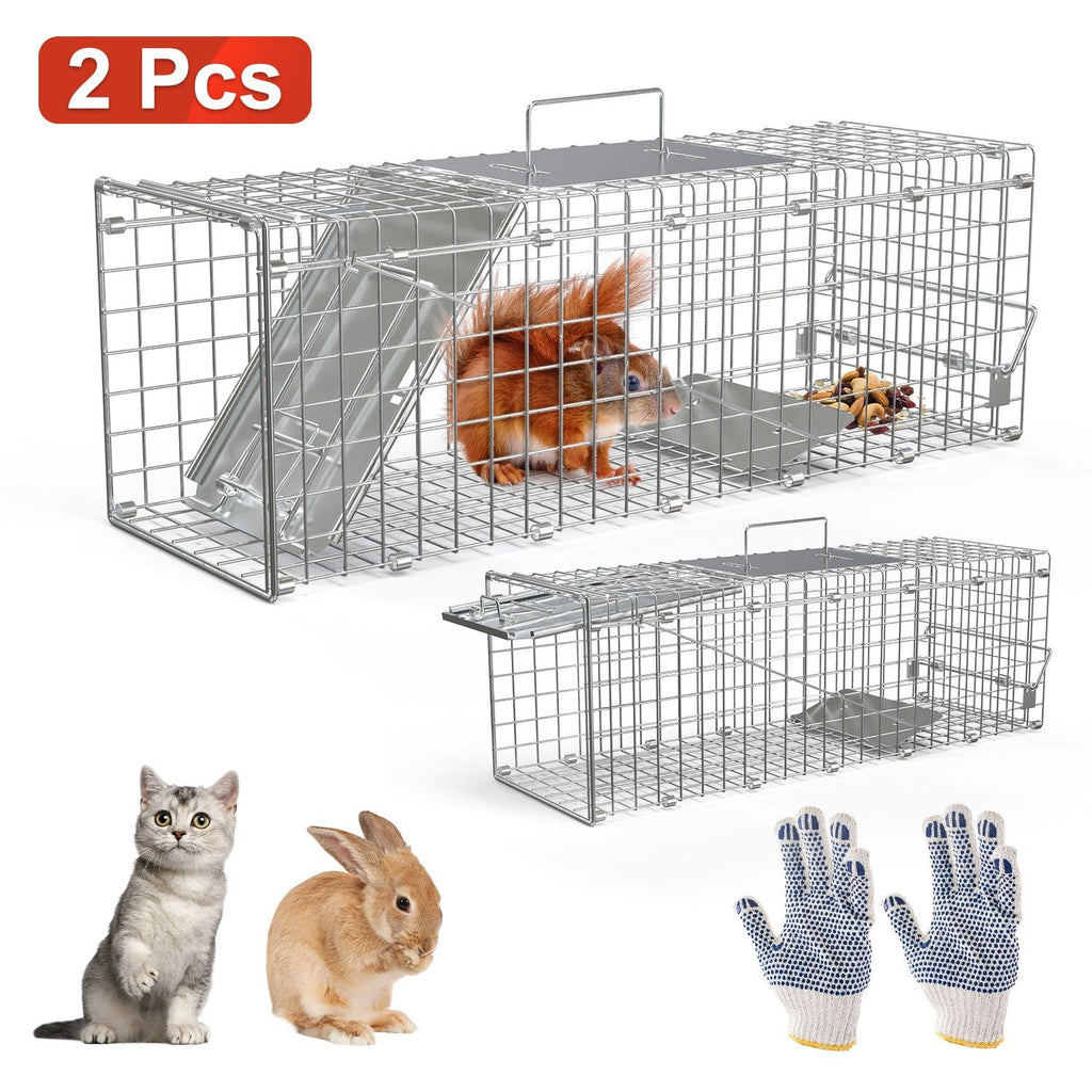 2PCS 24 Inch Humane Live Animal Trap Cage, Galvanized Steel Catch and Release Trap for Squirrel, Rabbit, Chipmunk, Groundhog, Small Stray Cats