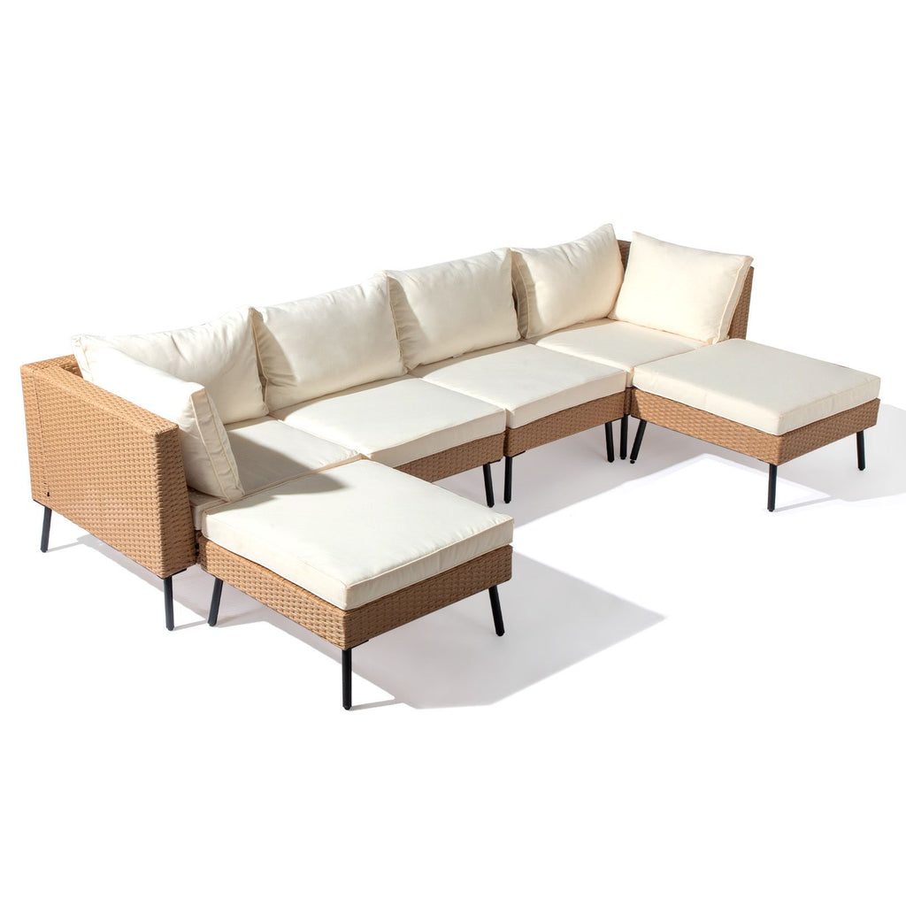2pcs armless sofa + 2pcs corner sofa + 2pcs footstool iron legs yellow rattan white cushions woven rattan multi-piece set