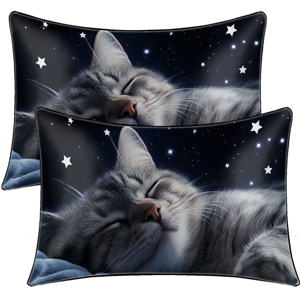 2pcs Black Cat Pillow Case Night Stars Pillow Covers Cute Animals and quiet and sleeping elf Decorative Pillowcases(temu can only be self-picked up)