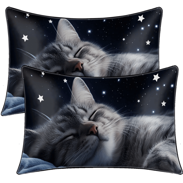 2pcs Black Cat Pillow Case Night Stars Pillow Covers Cute Animals and quiet and sleeping elf Decorative Pillowcases(temu can only be self-picked up)