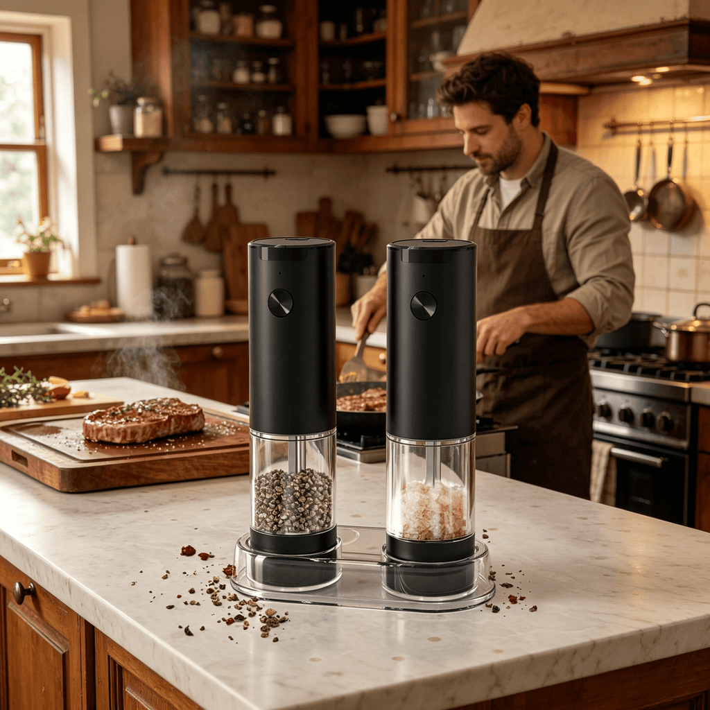 2PCS electric salt and pepper grinder set, portable and practical, with one handed button control, adjustable thickness, black pepper grinder